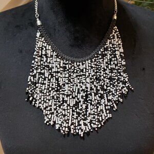Womens Black White Glass Beaded Woven Fringe Collar Necklace with Lobster Clasp